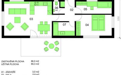 Bungalov B70-V2 schéma dřevostavby půdorys