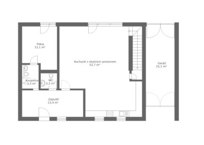 Dřevostavba v řadové zástavbě - půdorys přízemí